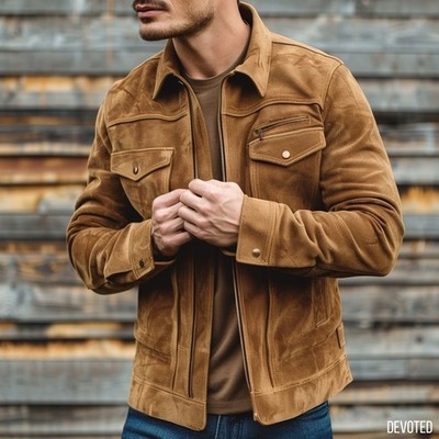 Leather Jacket Men's Biker Motorcycle Style Men Sheep Skin Racer Suede Tan 14