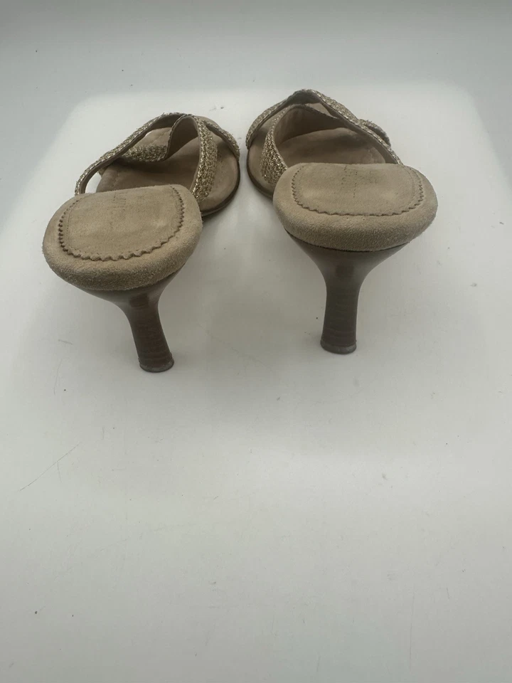 Eric Javits NY Gold Glitter Beige Raffia Slide Kitten Heel Sandals Women Sz 5.5M - Image 3 of 4