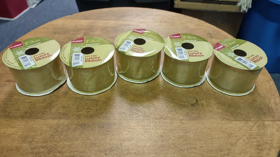 Lot Of 8 Rolls Of Gold Ribbon Wire Edge Glitter Flomo Various Sizes - Image 2 of 4