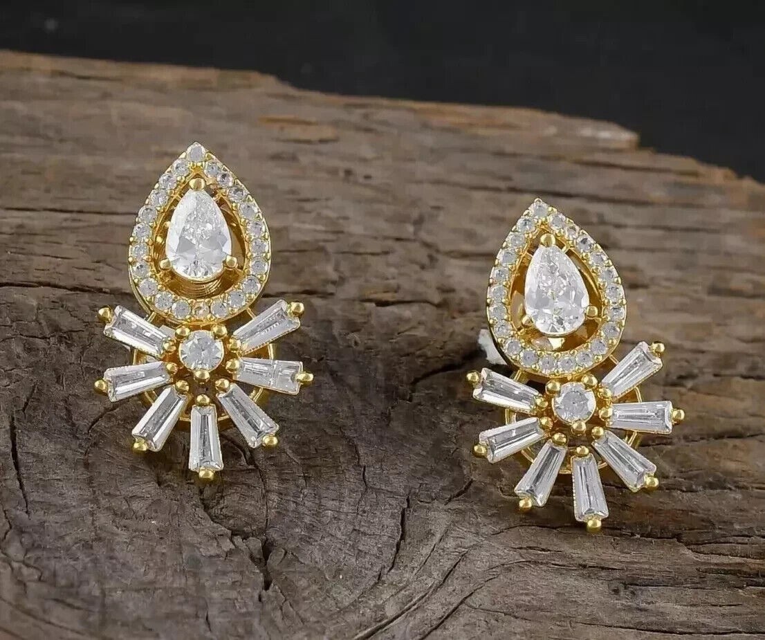 2Ct Pear Cut Simulated Diamond Women's Fancy Stud Earring 14k Yellow Gold Plated