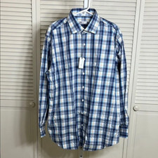 NWT Peter Millar Blue  Tan Plaid Button Closure 100 Cotton Men's Shirt XL