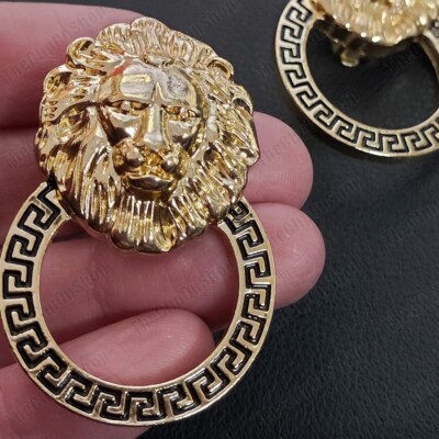 Big Retro Lion Head Hoop Earrings – Gold Plated, Greek Key, Roman Coin Orb Disc, Door Knocker Studs - View #5