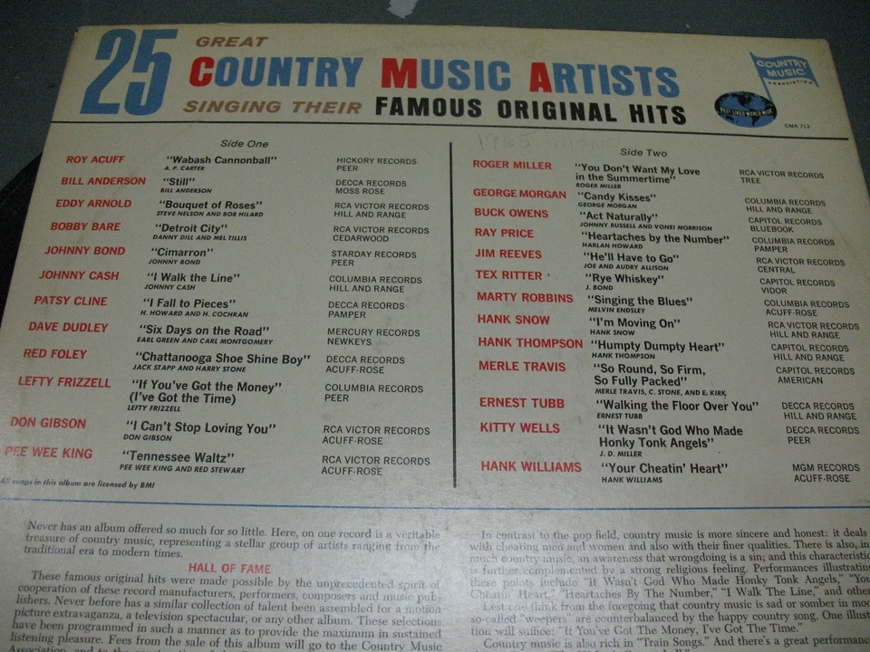 FAMOUS ORIGINAL HITS by 25 GREAT COUNTRY MUSIC  ARTISTS  1965 MONO MCA 712  - Image 2 of 4