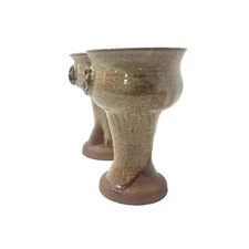 Pair of Beige Toned Handmade Ceramic Wine Goblets: Sturdy and Beautifully Crafte