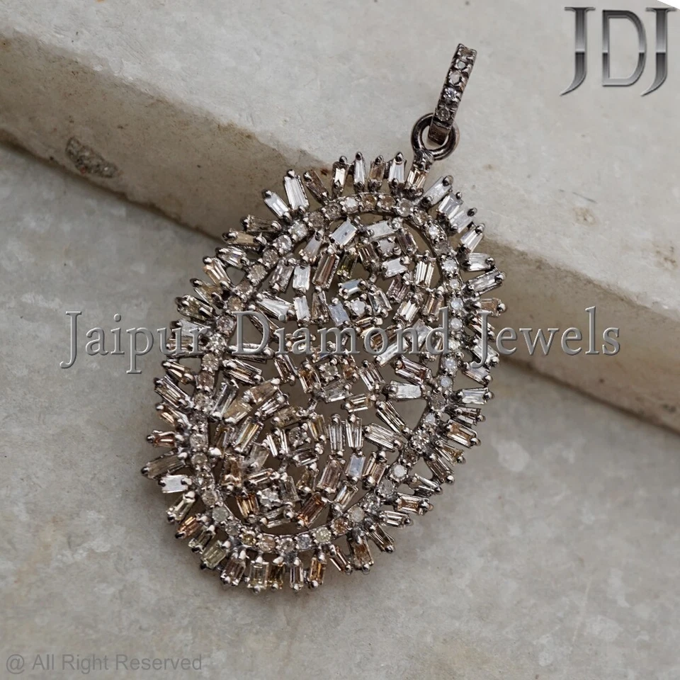 Colgante hecho a mano joyería victoriana de plata de ley 925 con diamantes baguette naturales Foto 2 de 4