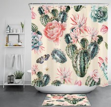 Rustic Green Cactus Pink Floral Beige Shower Curtain Bathroom Accessories Set
