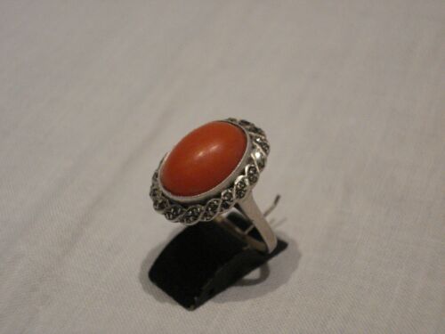 RING circa 1910 - Silver 830 with Large Salmon Coral and Marseites RG 51 -L255 - Picture 1 of 11