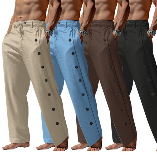 Men's Casual Cotton Linen Loose Drawstring Straight Pants Elastic Waist Trouse L