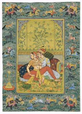 Mughal Malerei Von Kaiser Akbar Und Kaiserin Jodha Bai Liebe Szene 15.2x21.6cm