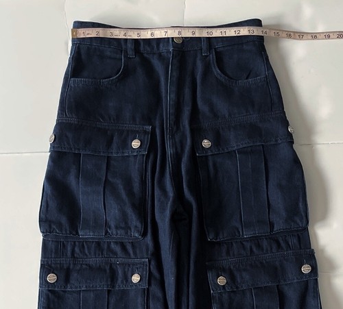 Zara Cargo Multipockets Denim Pants Women 2 Navy Blue Wide Leg Baggy High Waist - Picture 5 of 11