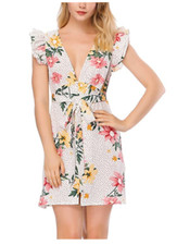 Incolacolle Women's Floral Mini Dress Deep V Neck Chiffon Short Dress 