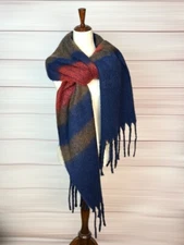 NWT Frye and Co. Chunky Fringed Scarf Oversized Blue Taupe Red
