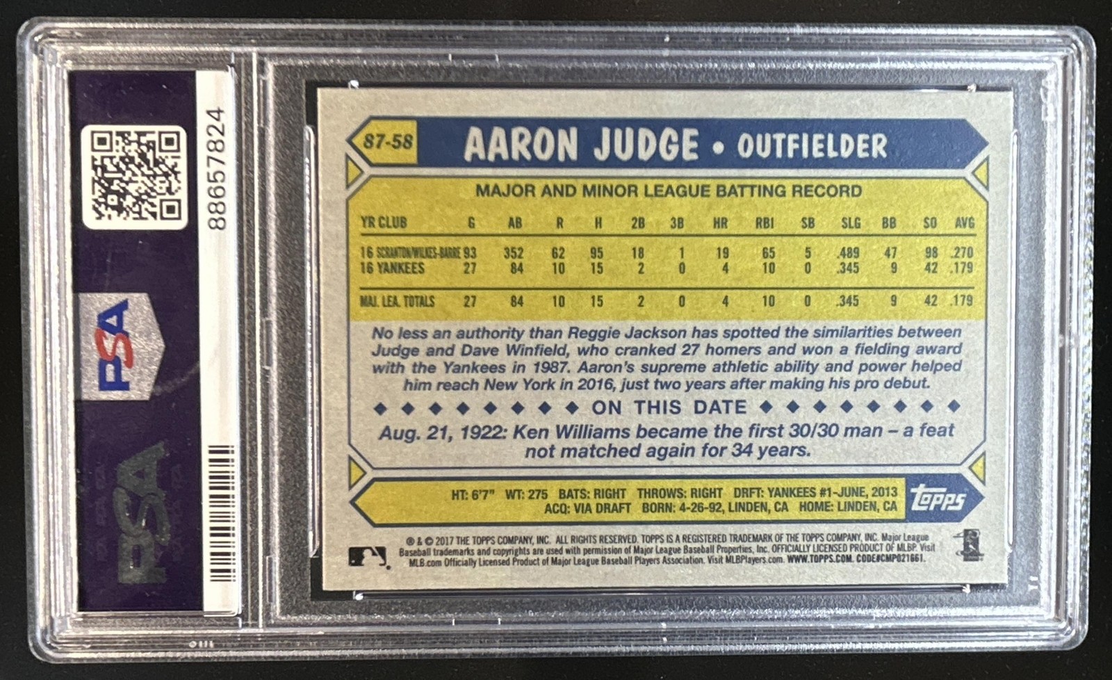 2017 Topps Aaron Judge 1987 RC Rookie #87-58 New York Yankees PSA 10 GEM MINT view 2