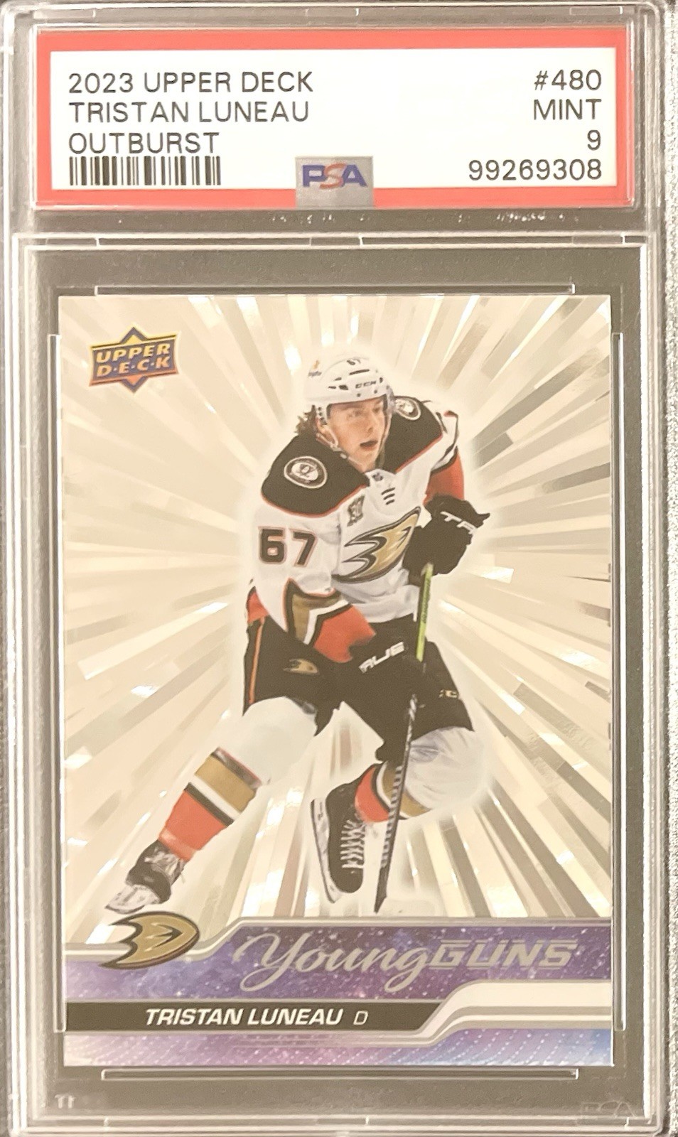 Tristan Luneau Rookie 2023-24 Upper Deck Young Guns #480 (RC) PSA 9 Outburst