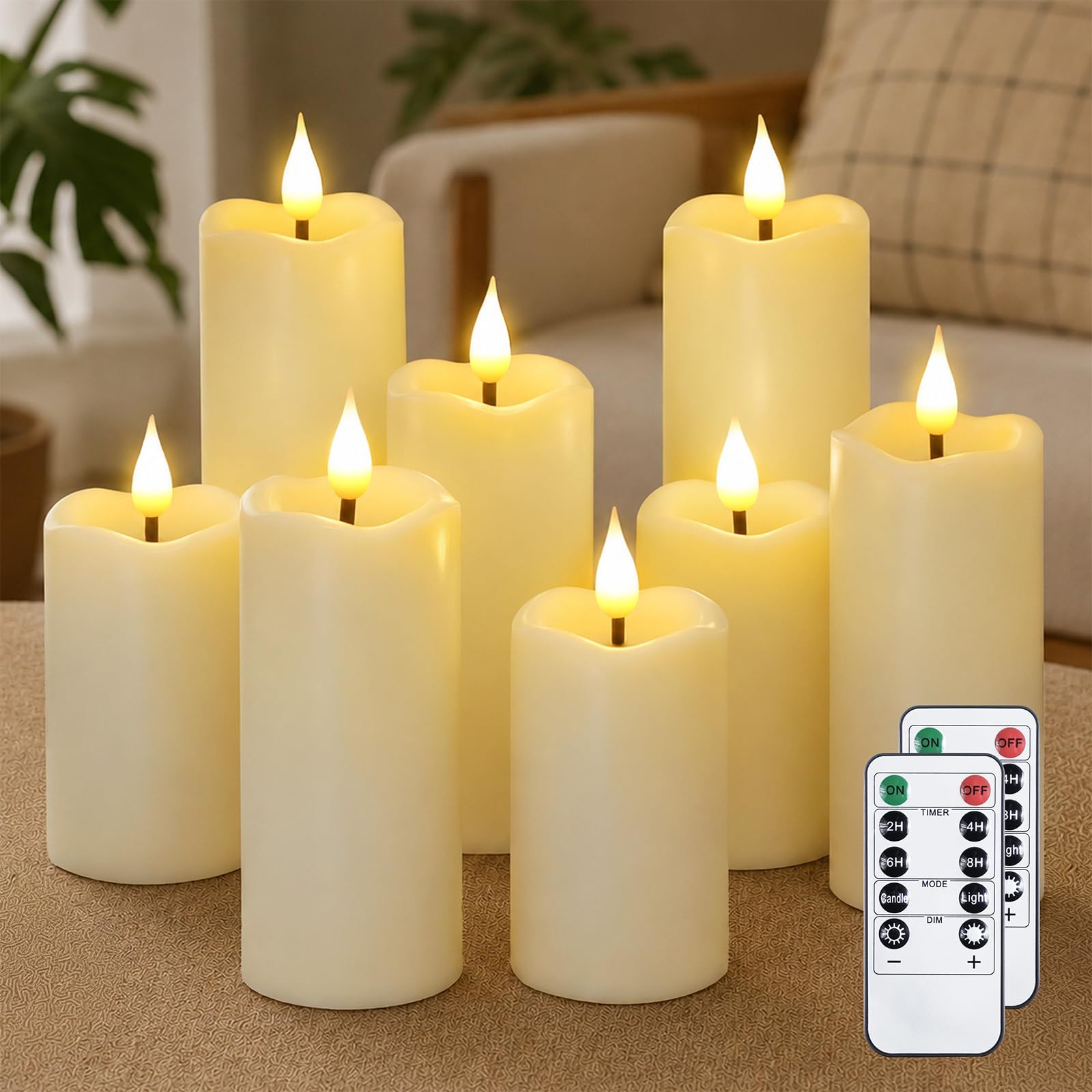 Bougies LED ivoire vacillantes imitation flamme, lot de 8 grands piliers autonomes en cire
