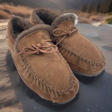 L.L.Bean Mens Wicked Good Moccasins Slippers Size 12 Brown Shearling Suede