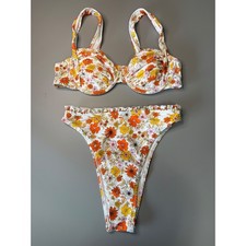 Retro Floral Underwire Bikini Set Orange Yellow Ruffle High Cut Swimsuit Womens