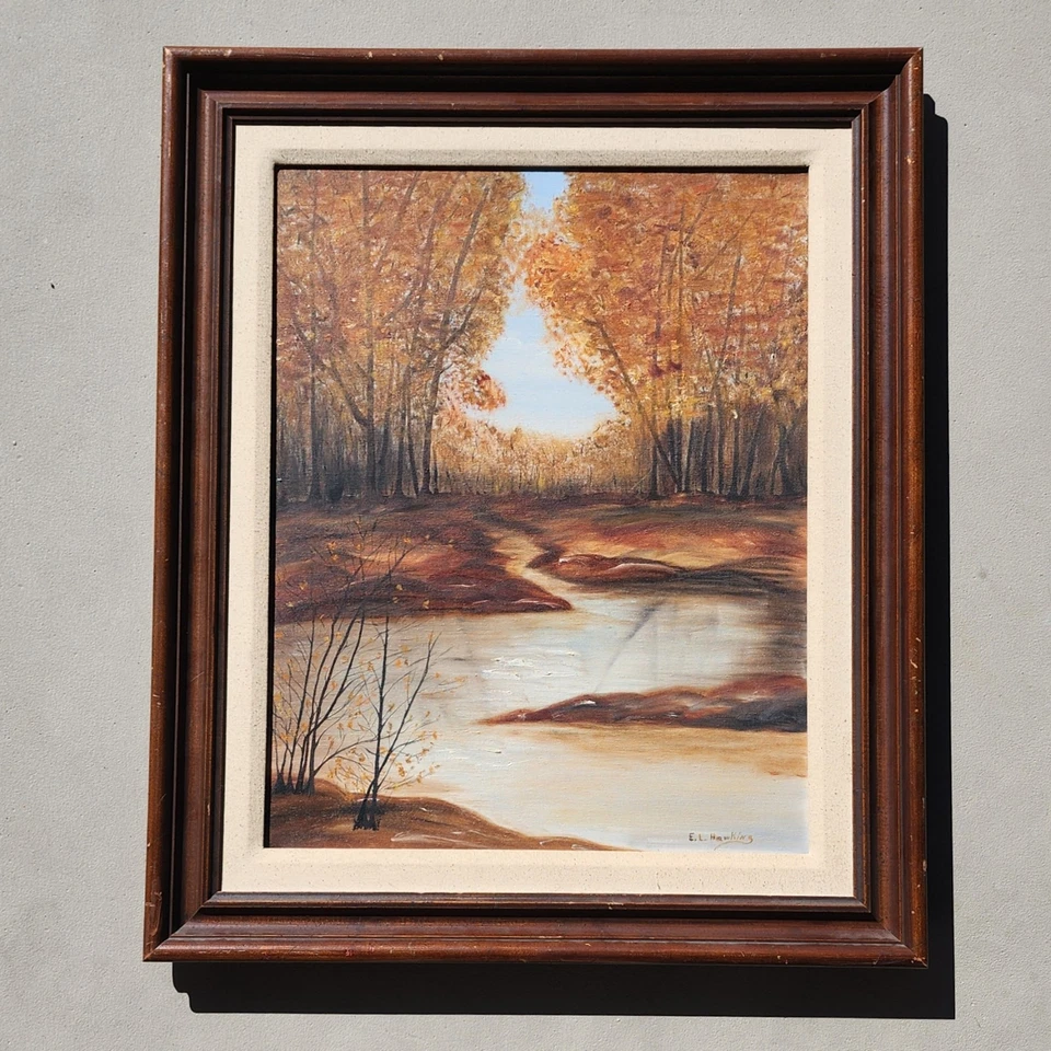 Original Oil Painting Autumn Forest River Scene on Canvas Framed 1970s Art - Image 2 of 4