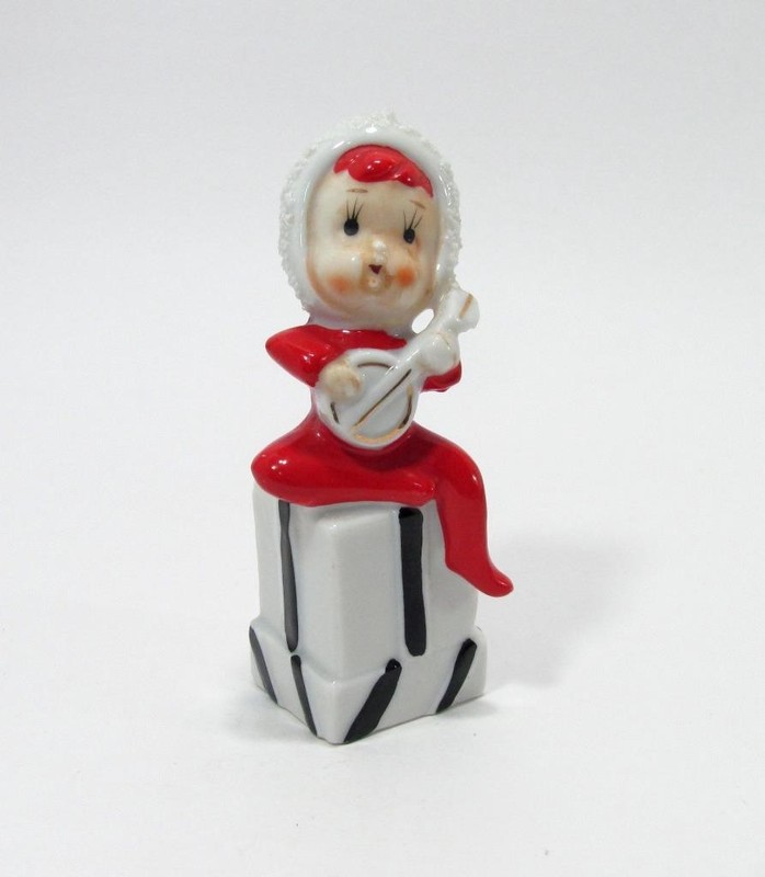 Vintage Red Pixie Elf Playing Banjo Sitting on Present Ceramic Figurine Japan