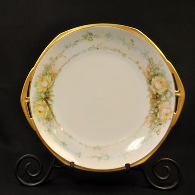 MZ Moritz Zdekauer 10'' Cake Plate Hand Painted Yellow Roses w/Gold 1884-1909 HTF