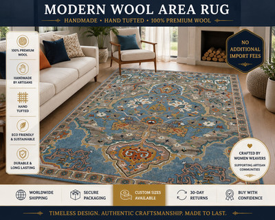 Modern Striped Wool Area Rug Handmade Hand Tufted Scandinavian Carpet