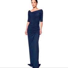 Tadashi Shoji Navy Blue Pintuck Ruched Off Shoulder Evening Gown Dress Size M