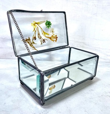 Vtg Beveled Glass Jewelry Box Pressed Dried Flowers Mirrored Base Trinket Box