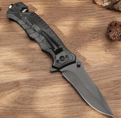 Black Folding Pocketknife Drop Point Plain Edge SS Blade, Aluminum Handle
