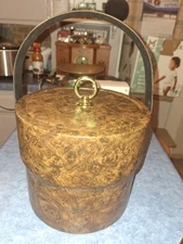 7” Tall Vintage Faux Marble Leather ice bucket with lid clean Mid Century Modern