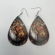 Western Cowgirl Horse Teardrop Dangle Earrings Boho Style Floral Faux Leather