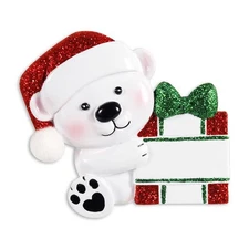 Baby Bear Hold Present Red and Green Personalized Christmas Ornament
