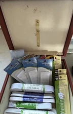 Vintage Brown Sewing Box with Lucite Handle Filled With Sewing Supplies 9x9x5