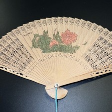 Vintage Chinese Carved Sandalwood Folding Fan Hand Painted Flower Tassel Box