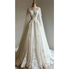 Custom Wedding Dress Cape Wrap Lace Applique Ivory Long A-Line Fairy Bridal Gown