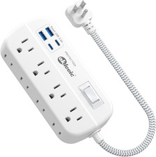 Short Extension Cord 1 Ft - Flat Plug Power Strip Surge Protetor with 8 Outlets