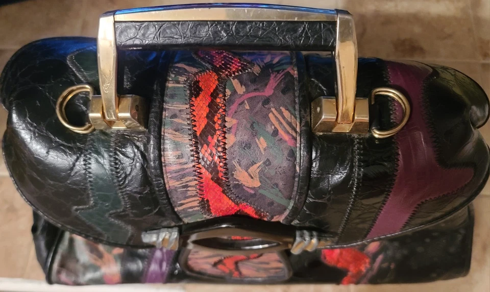 Bolso de médico REEM 1980 vintage con tapa abatible retazos de cuero en relieve multicolor Foto 3 de 4