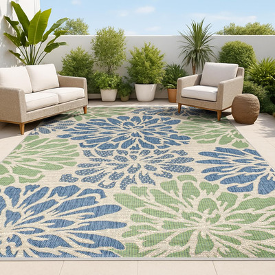 Navy/Green Floral Textured Area Rug 8x10 - Easy-Clean, Pet-Friendly, Modern