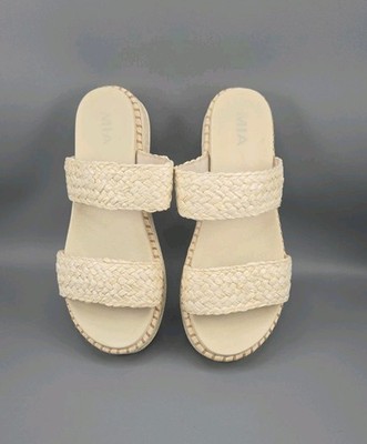 MIA Kady Braided Raffia Platform Slide Sandals Off White Bone Boho Summer Sz 9