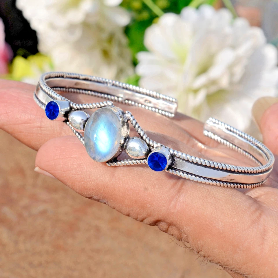 Labradorite & Tanzanite Gemstone 925 Sterling Silver Cuff Bangle For Festival - Image 2 of 4