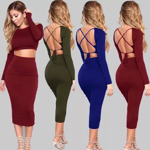 Women's 2 piece Backless Clubwear Outfits Bodycon Long Sleeve Party Midi Dress
