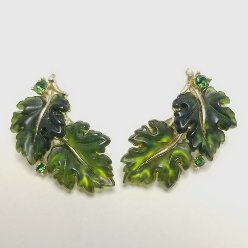 Set orecchini bracciale foglia lucite vintage Lisner, verde firmato, pezzo libro - Foto 4 di 10