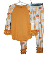 Girls Boutique Ruffle Pumpkin Outfit Top and Leggings Gray  Orange Size 6Y NEW