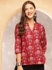 Women Ethnic Motifs Printed Mandarin Collar Cotton Red Top