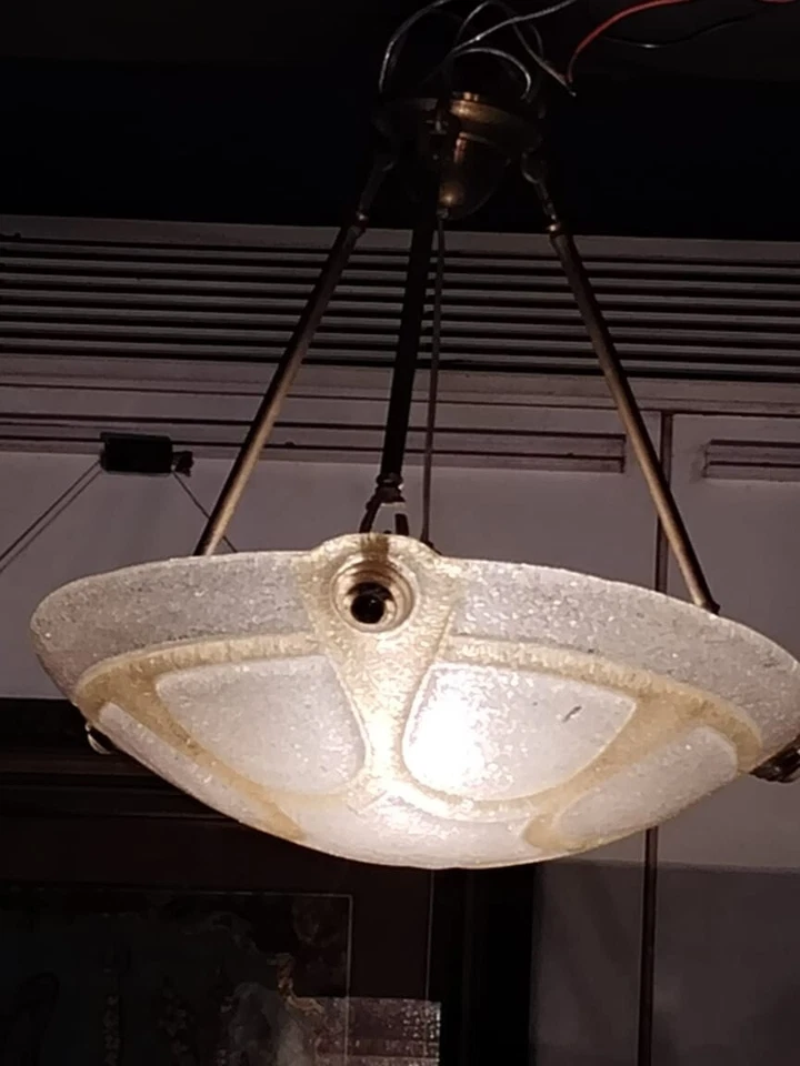 VINTAGE ART DECO FIXTURE PAIR OF GLASS LAMP DOME CHANDELIER BRASS CEILING LIGHT - Image 3 of 4