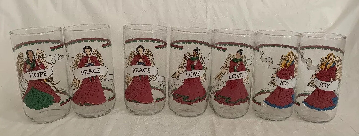 Vintage House of Lloyd 1994 Holiday Angel Glass Tumblers (7) Peace Hope