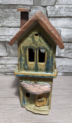 8.5'' Art Pottery House Ceramic Candle Building Figurine Sculpture Signed EN
