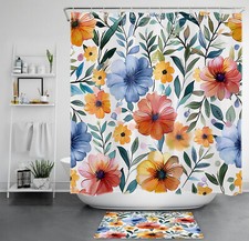 Garden Plant Green Leaf Blue Wildflower Shower Curtain Set for Bathroom Decor