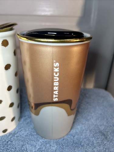 Starbucks 2018 Christmas Double Wall Abstract Wave & 10oz Gold Dot W/Ceramic Lid - Picture 2 of 10