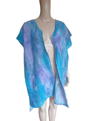 Womens Wearable Art Hemp Linen Open Duster Jacket Hand Dye Multicolor XXL