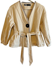 ZARA woman's blazer puff sleeve belted button embellished embroidered Size Small